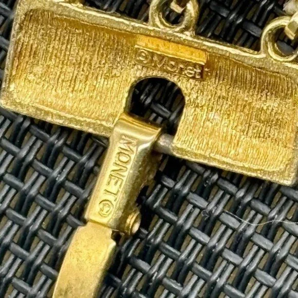 Vintage Monet Three Strand, Faux Pearl Bracelet, Gold Tone Clasp, Marked "Monet" - Picture 5 of 9